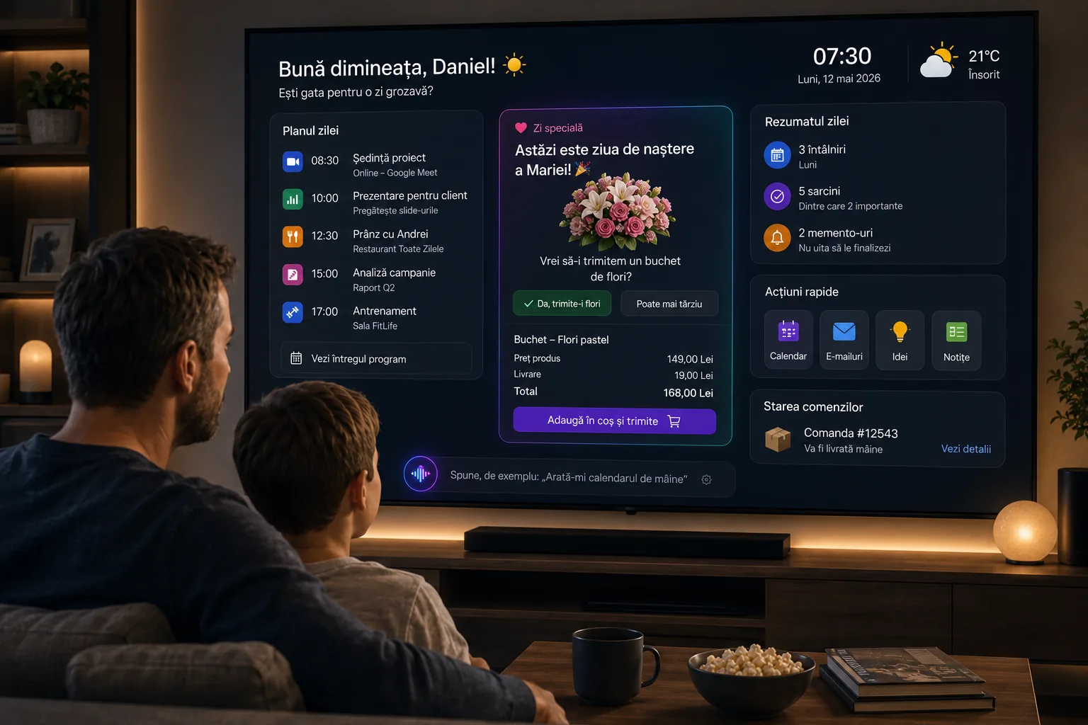 Televizor inteligent în sufragerie care afișează programul zilei și o propunere de comandă de flori pentru un tată și copilul său