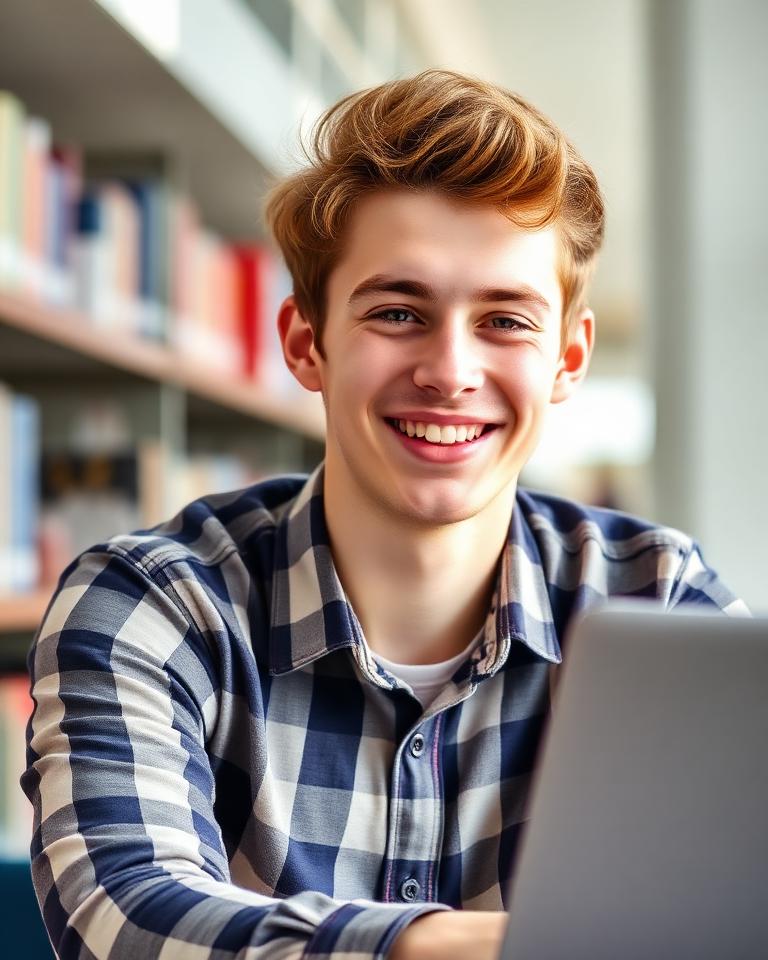 Student prietenos cu laptop, învățând marketing digital online