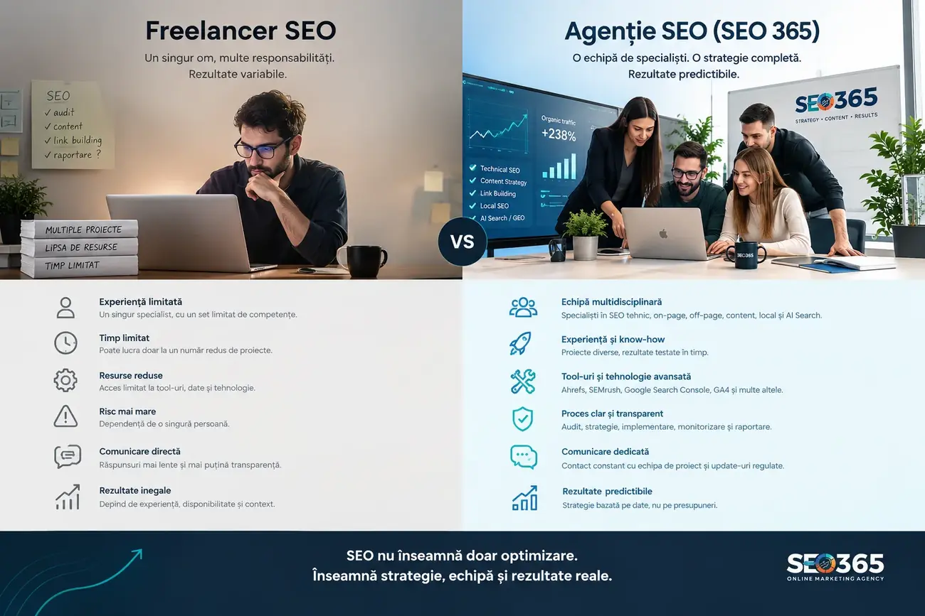 Comparație freelancer SEO și agenție SEO 365: experiență, resurse, rezultate