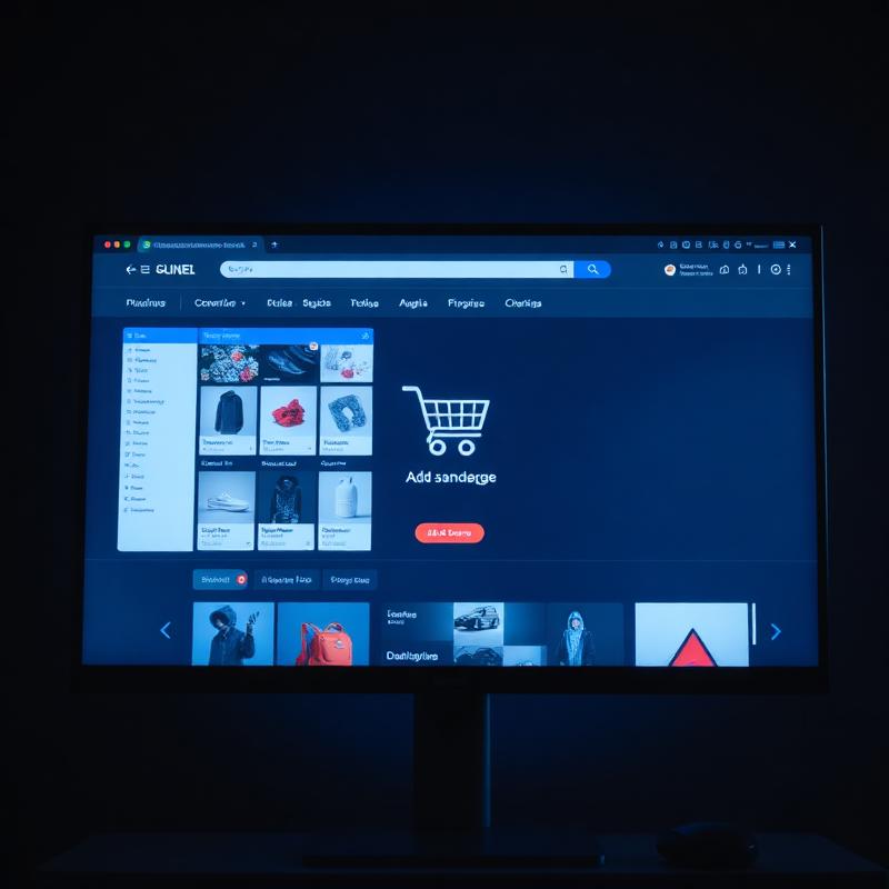 Monitor modern afișând interfața unui magazin online cu grilă de produse și coș de cumpărături — era eCommerce-ului și a SEO-ului matur