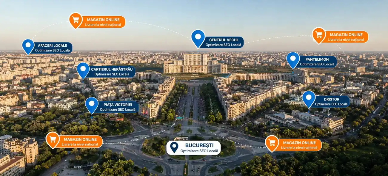 Hartă București cu zonele și cartierele acoperite de serviciile noastre SEO local: Centrul Vechi, Piața Victoriei, Herăstrău, Pantelimon, Dristor și magazine online cu livrare națională