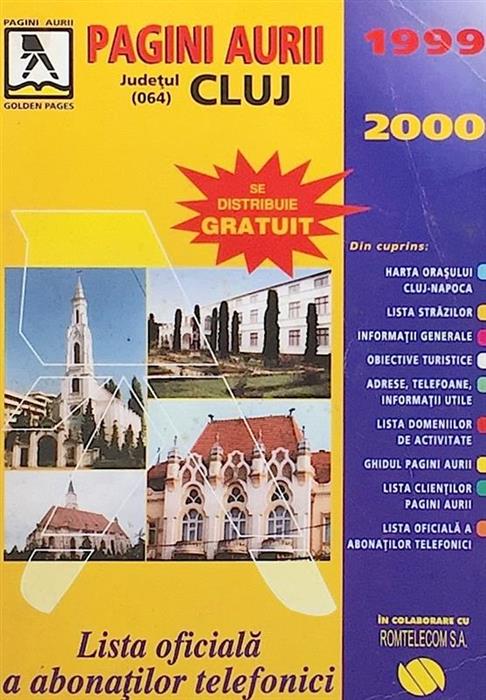 Coperta Pagini Aurii Cluj 1999-2000, catalog telefonic tipărit — perioada de pionierat în mediul online