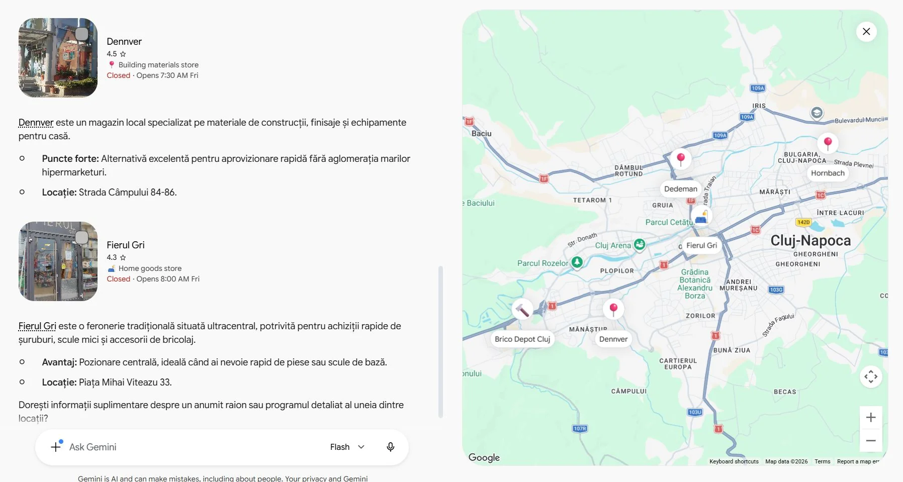 Recomandări de afaceri locale generate de Google Gemini cu harta Google Maps în Cluj-Napoca