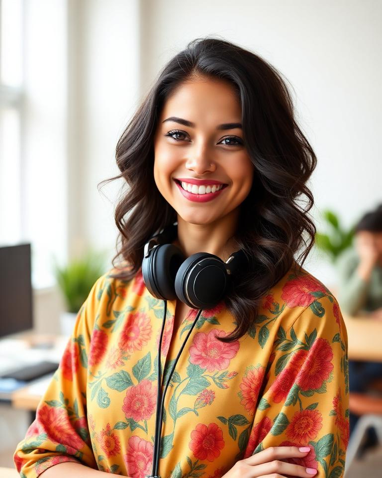 Studentă veselă cu căști, gata de cursurile online de marketing