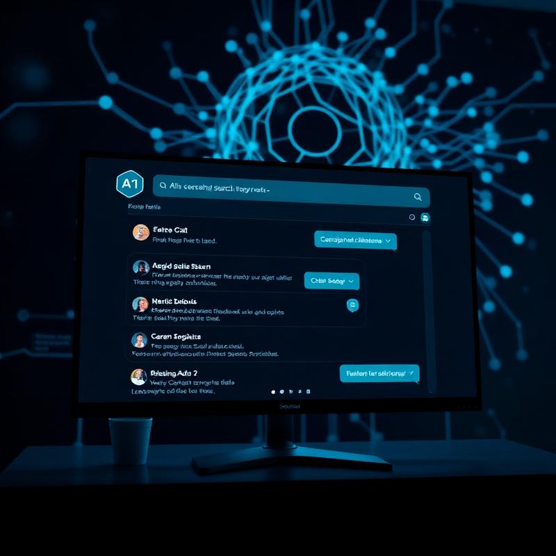Interfață AI Search pe un monitor modern, cu rețea neurală luminoasă în fundal — era ChatGPT, Gemini și AI Overviews