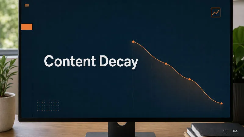 Captură din Glosarul SEO 365 pentru Content Decay (Content SEO): Content Decay este scăderea treptată a traficului organic