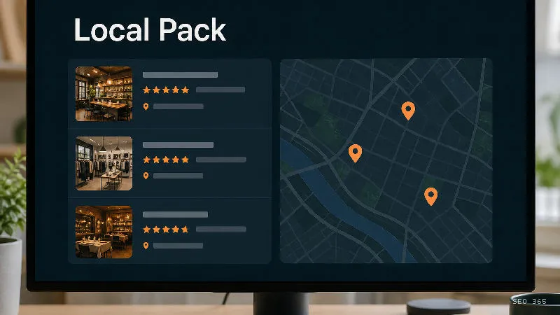 Captură din Glosarul SEO 365 pentru Local Pack (Local SEO): Local Pack este o funcție SERP afișată pentru