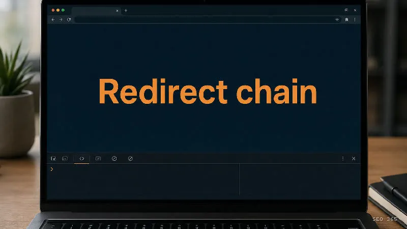 Captură din Glosarul SEO 365 pentru Redirect chain (SEO tehnic): Un redirect chain, numit și lanț de redirecționări