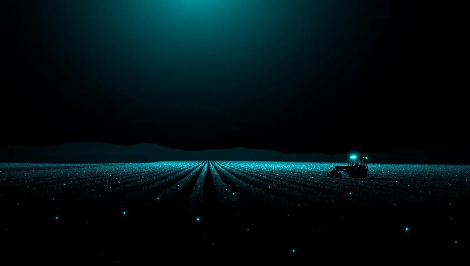 Câmp agricol întunecat cu puncte cyan luminoase şi tractor pe orizont, estetică agribusiness premium