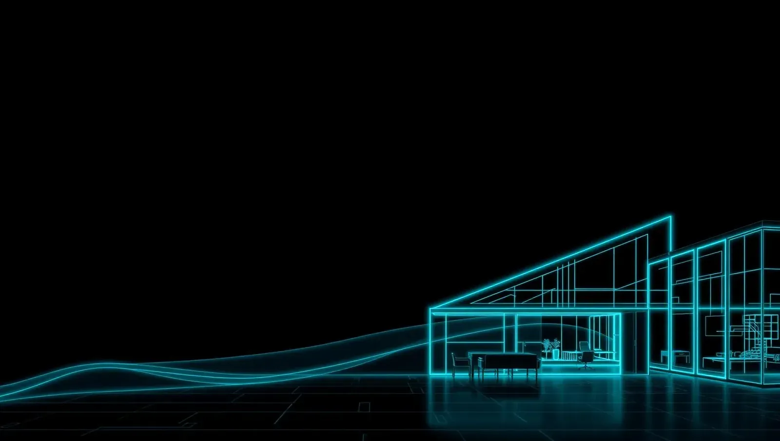 Schiţă arhitecturală luminoasă cyan a unui interior modern pe fundal întunecat premium pentru amenajări