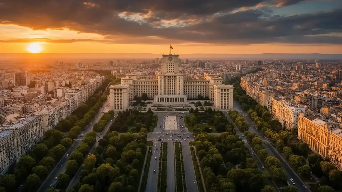 Vedere aeriană din București la apus, cu Palatul Parlamentului