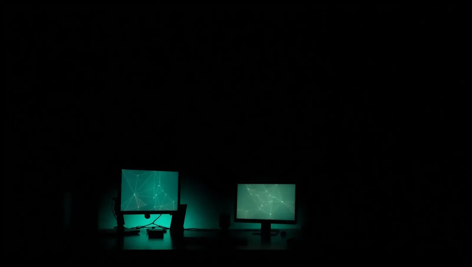 Două ecrane luminoase cyan într-un studio creativ întunecat, estetică minimalistă premium pentru design