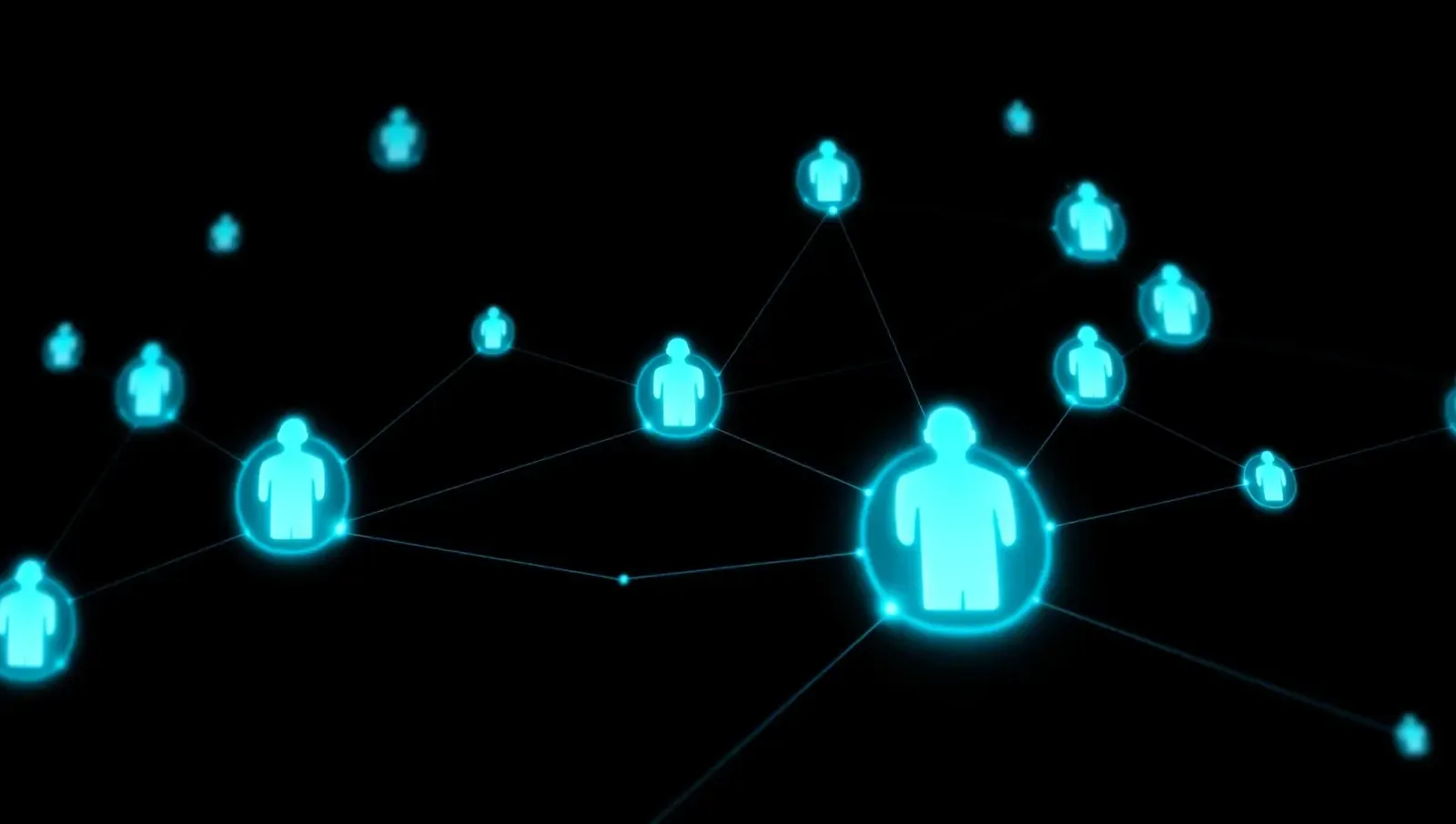 Reţea cyan luminoasă de iconuri umane conectate pe fundal întunecat premium pentru HR şi recrutare