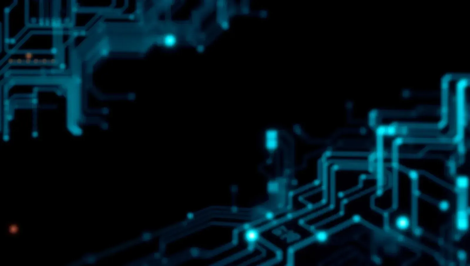 Plăcuţă electronică abstractă cu trasee cyan strălucitoare pe fundal întunecat tehnologic premium